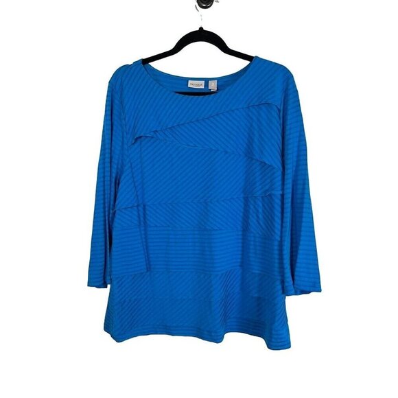 Chicos Top Women XL Blue Textured Tiered Striped Pullover Easywear 80s Neutral - Picture 1 of 11